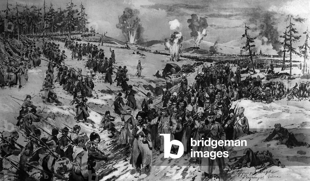 The fall of Przemysl (Poland) taken by russians while it was occupied by austrians in march 1915 : here austrian prisoners, watercolor