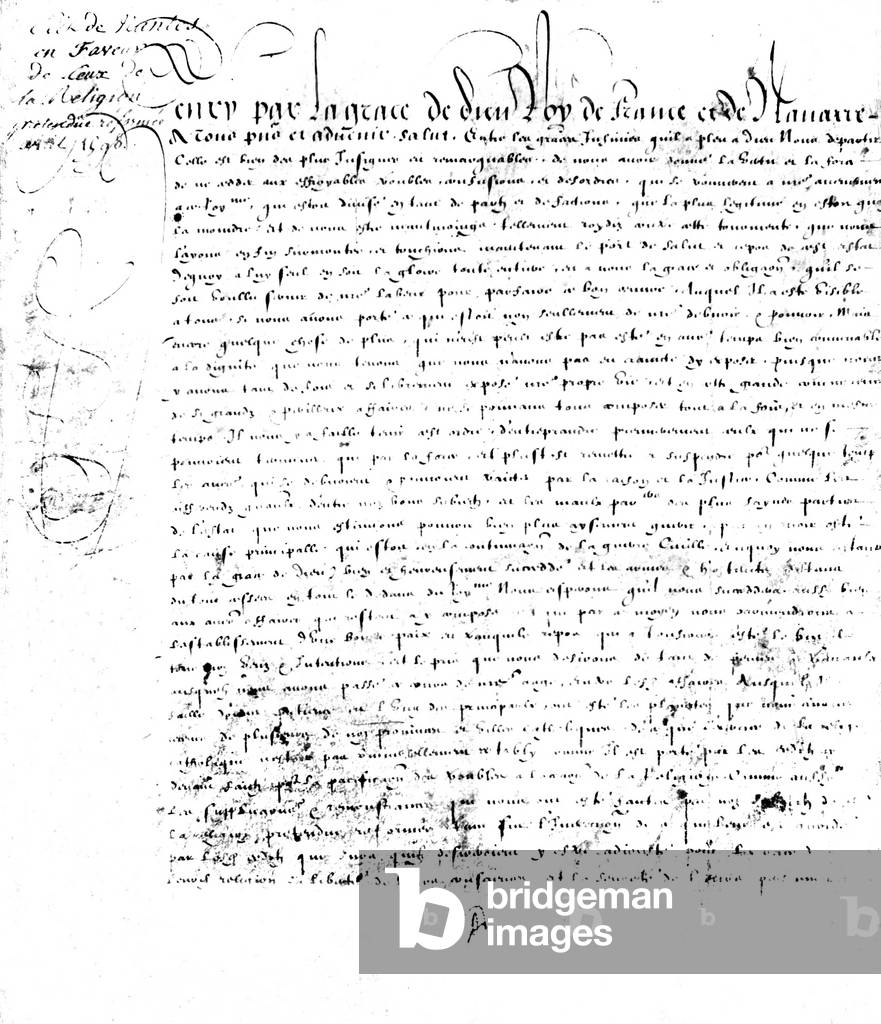 The Edict of Nantes, april 15, 1598 : French king Henri IV according the freedom of cult to protestants, in France