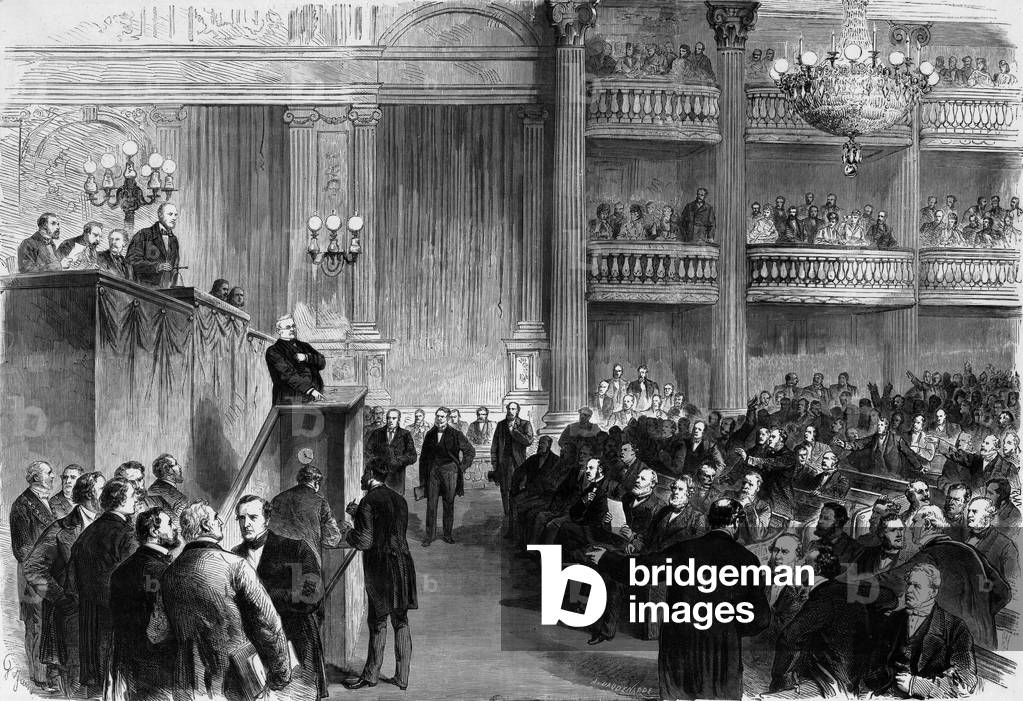 ratification of the preliminaries for peace at the National Assembly in Bordeaux (France) march 01, 1870, end of the French-prussian war, engraving by A.Daudenarde published in French newspaper Le monde Illustre