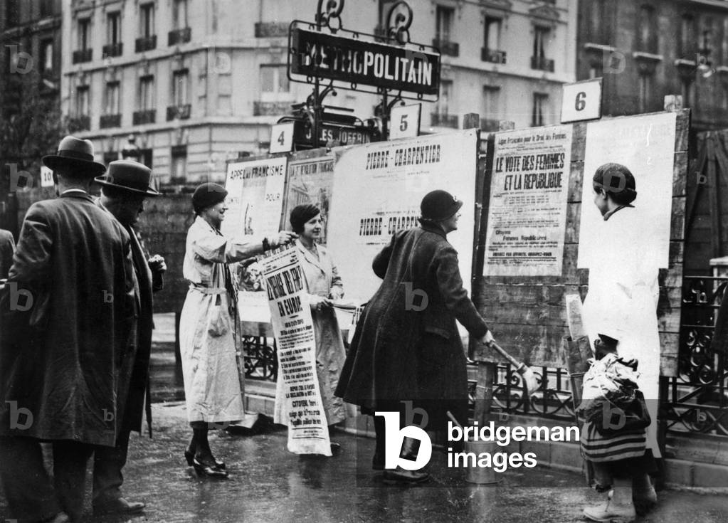 Suffragettes in 1934 in paris : on l holding poster is Andree Lehmann