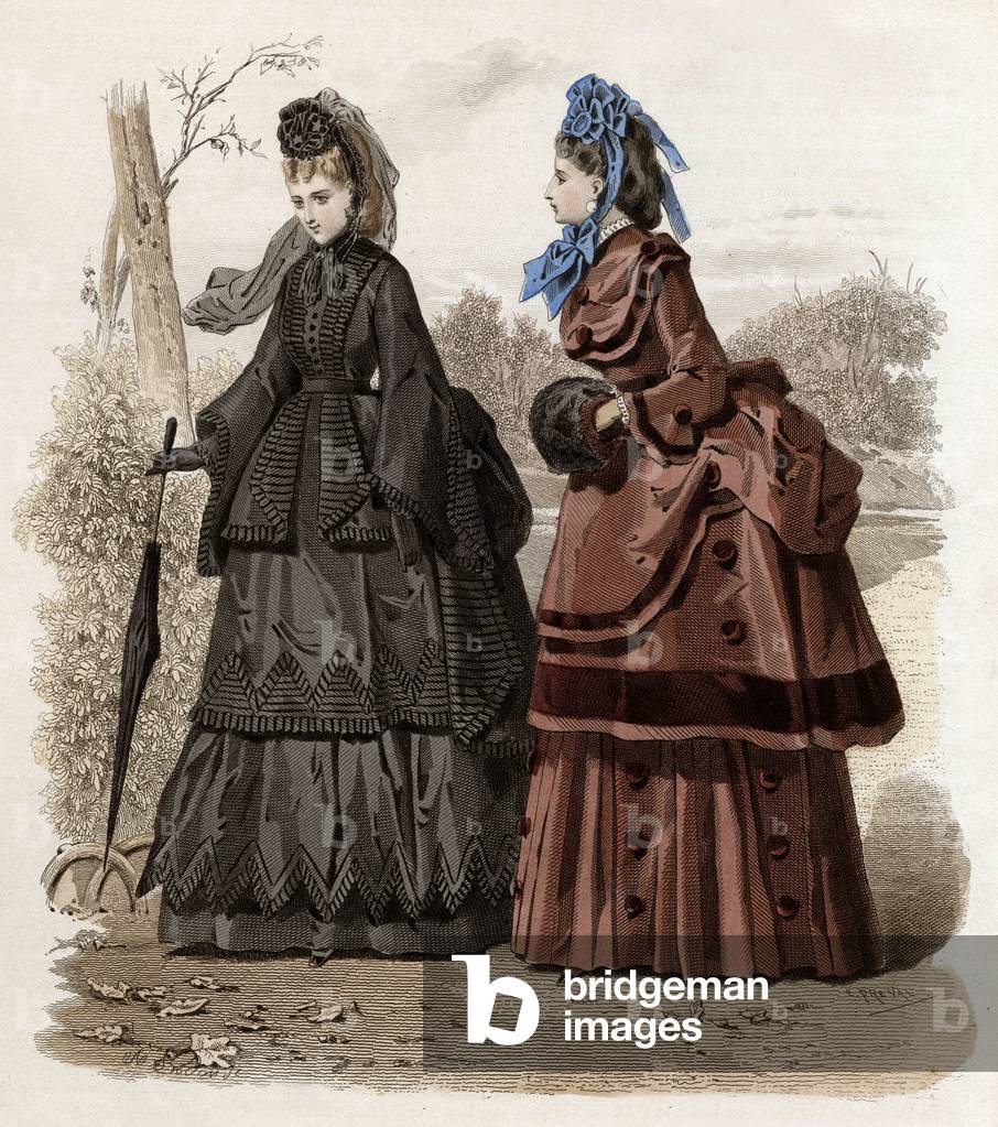 Models of dresses (winter fashion), engraving by Preval published in French fashion paper, 1870
