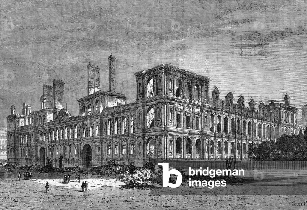 ruins of Paris town hall after the fire may 23, 1871 during the Commune , engraving by F. Therond