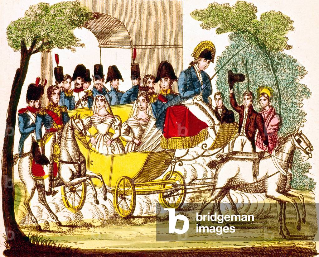 wedding of Ferdinand-Philippe duke of Orleans (son of LouisPhilippe, great-grandfather of Count-of-Paris) with Helene of Mecklembourg-Schwerin may 30, 1857 , here arriving in Paris after the wedding, engraving