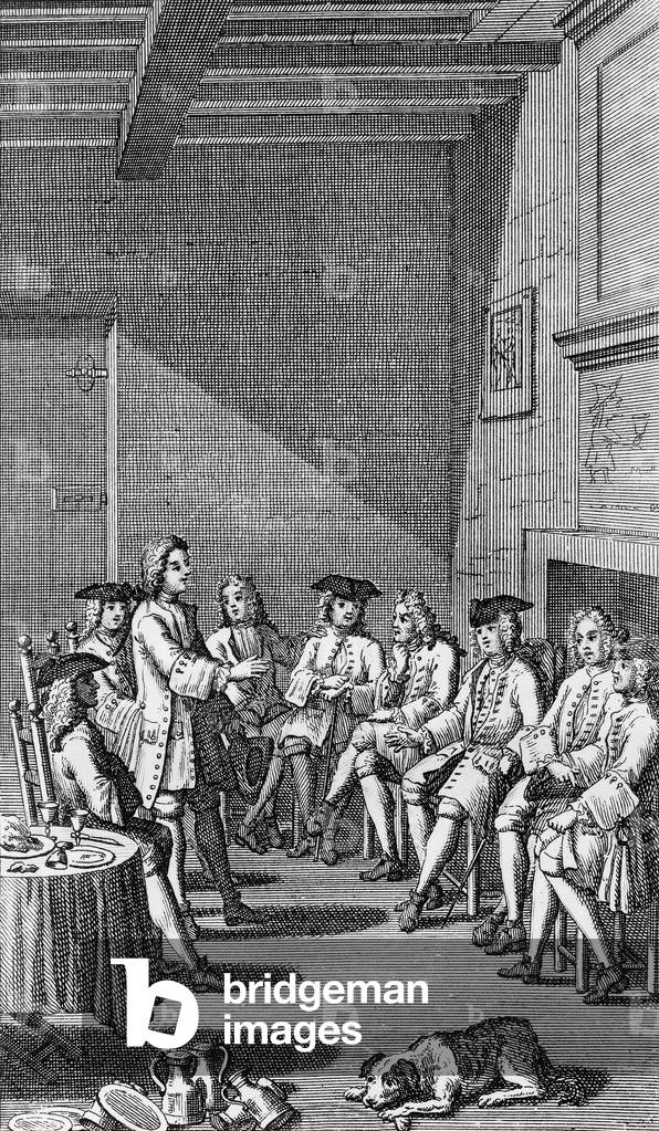 French brigand Louis Dominique Garthausen aka Cartouche (1693-1721) and his accomplices planing a theft, engraving by Scotin after Bonnart for book 