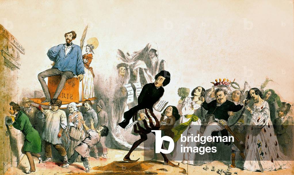 Cartoon by Granville, 1839 : French romantic writers (Alfred de Vigny, Alexandre Dumas the Father, Honore de Balzac) wanting to enter French Academy but doors are closed, engraving