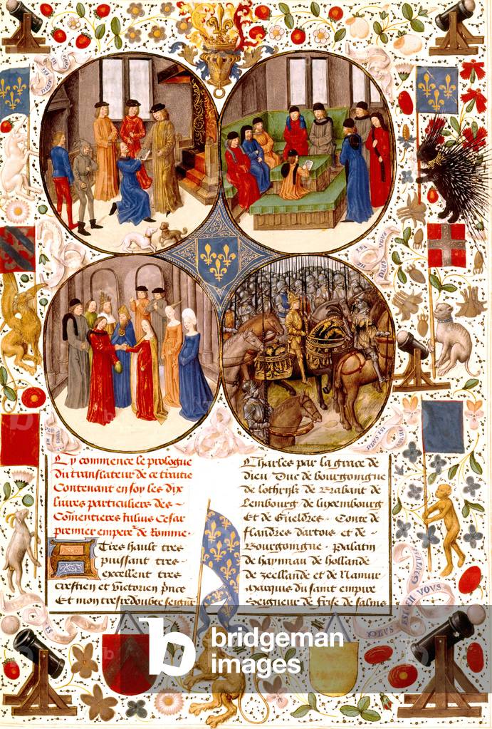 Illumination in four scenes representing : Jean Duquesne gives the book to Charles le Temeraire (1433-1477), last duke of Burgundy, Cesar learning, The wedding of Pompee and Julia and Cesar and his army extracting from the belgian manuscript entitled Cesar's commentaries, writes by Jean Duquesne, in 1482