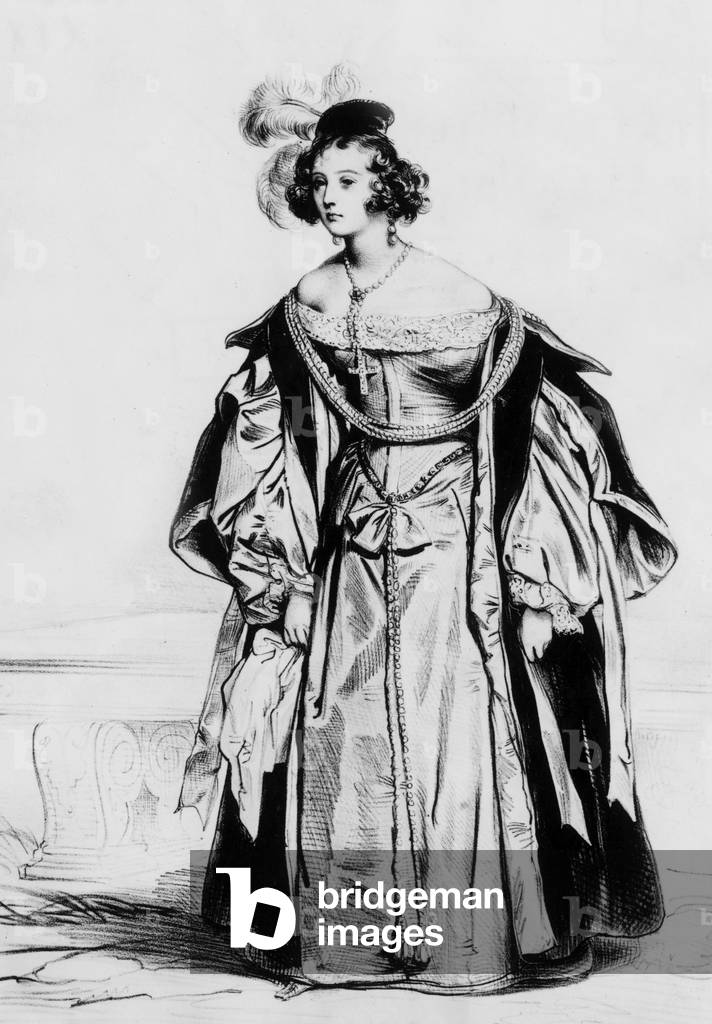 Theatre actress Marie Delaunay or Marie Dorval (1798-1849) here representated in a XVI century Spanish costume, engraving by Deveria