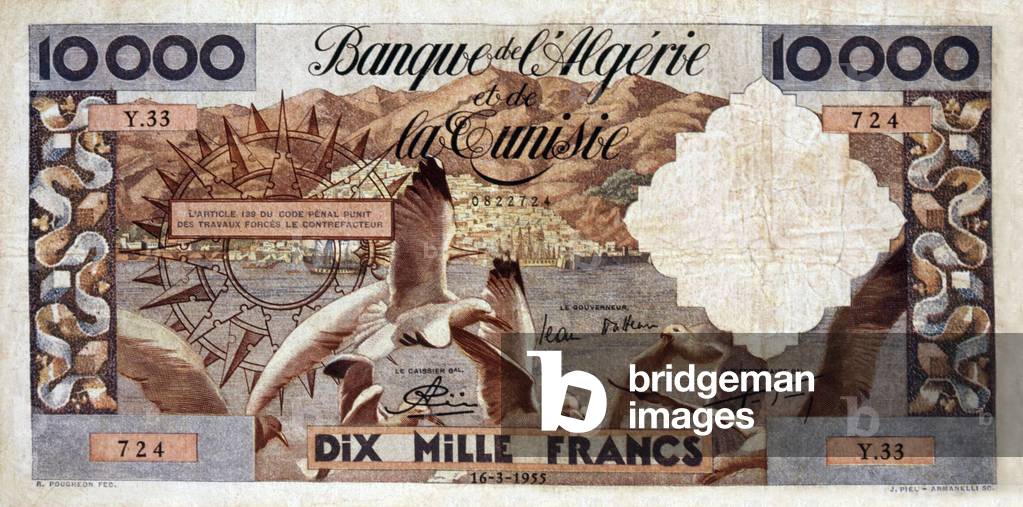 Banknote (1000 Francs) of bank of Algeria and Tunisia, 1955