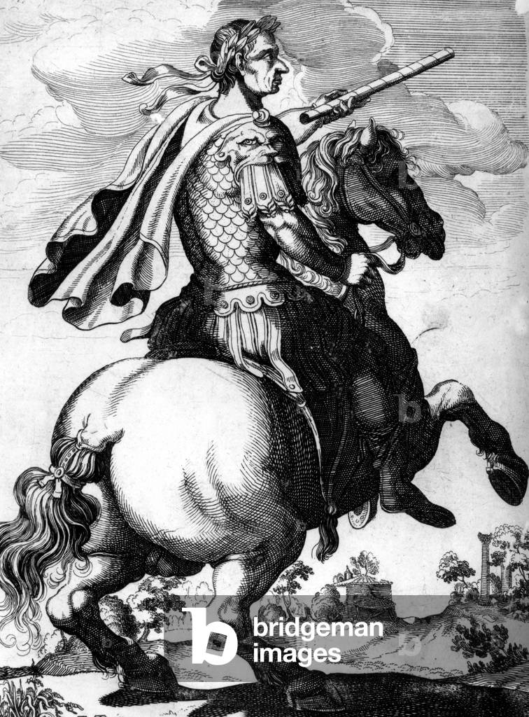 Julius Caesar (100-44 BC) roman dictator, here riding horse, engraving