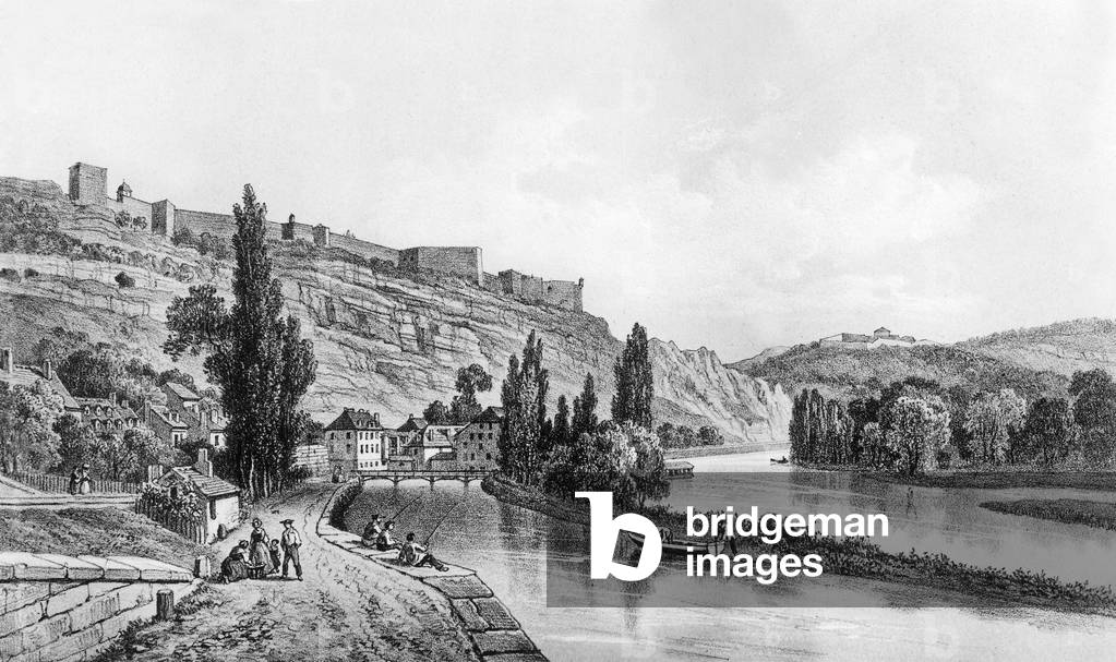 Besancon, France : citadel, Doubs river, 18th century, engraving by Becquet