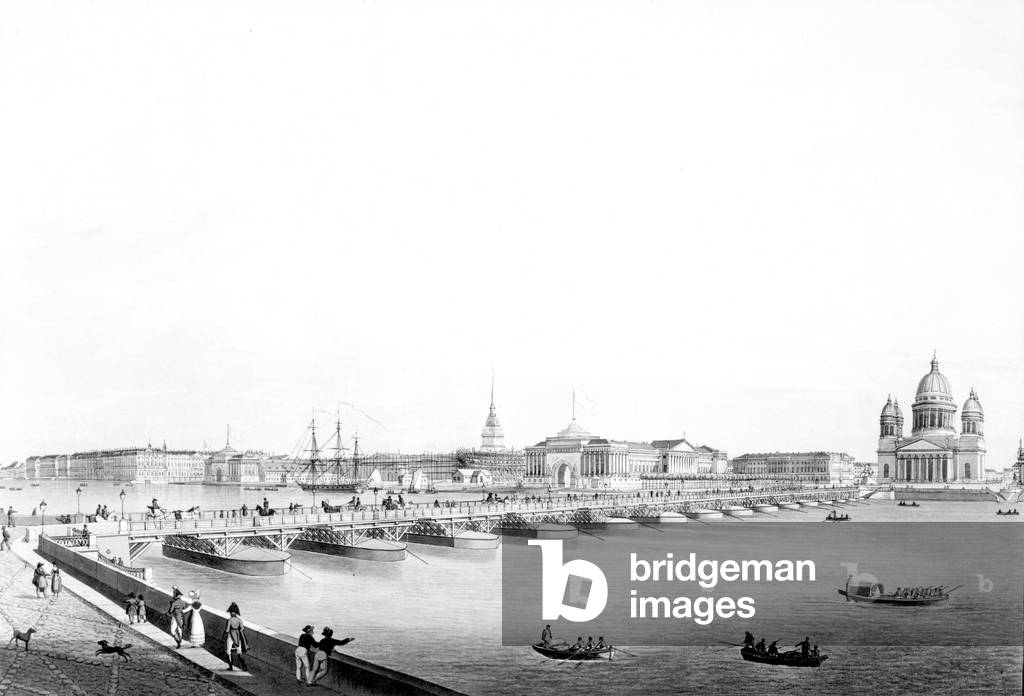 View of the Isaac bridge,winter Palace and Admiralty of Saint Petersburg in Russia, c. 1810, engraving