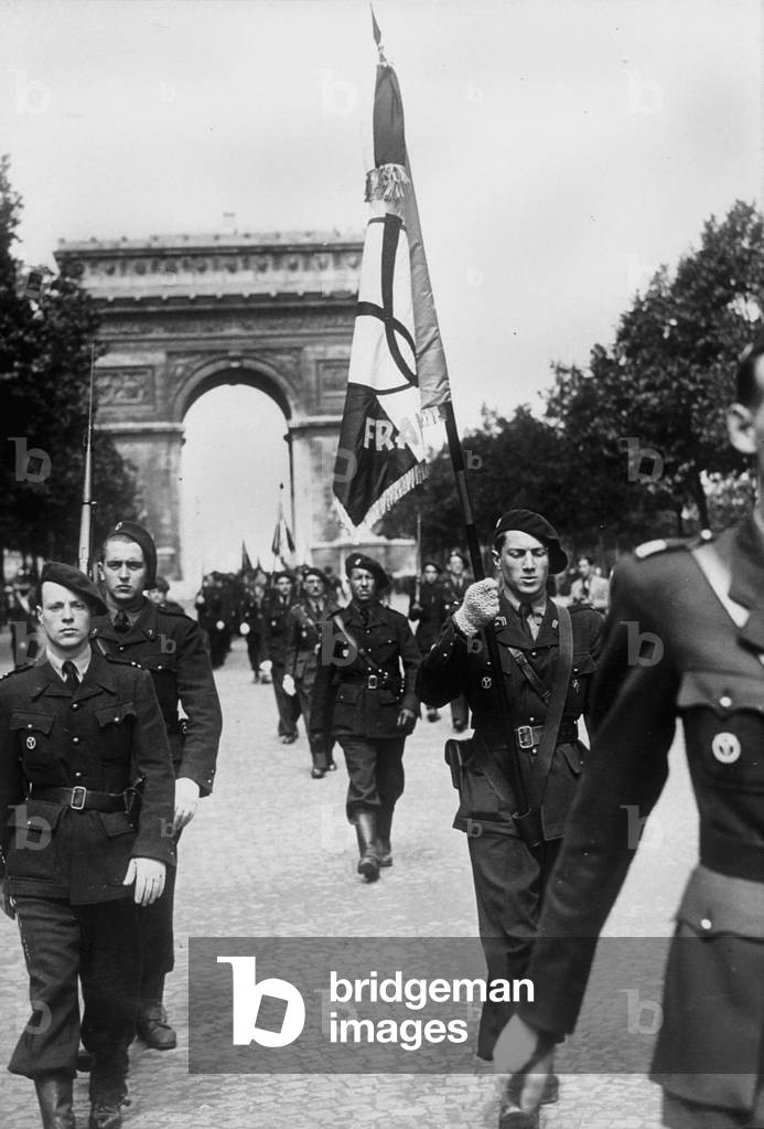 Parade of French milice on Champs Elysees in Paris july 2, 1944