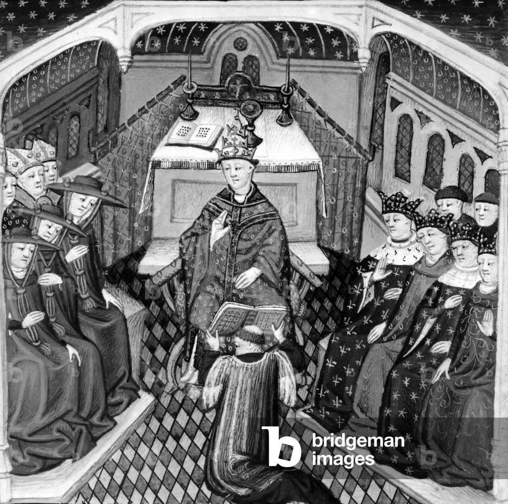 The king of France Charles VI (king from 1380 a 1322) visiting antipope Benedict XIII (1394-1423, pope in Avignon) illumination extracting from the manuscript entitled The Chronicles of Froissart, writes by Jean Froissart in the 15th century and preserved in the BNF