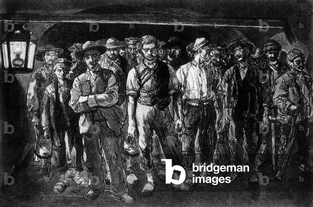 Miners in Decazeville, Aveyron, France, engraving by Bellenger, 19th century