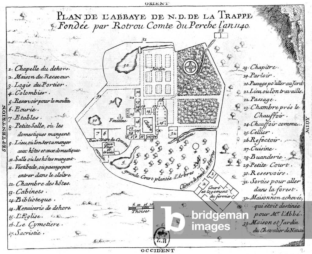Plan of abbey of Our Lady of the Trappe founded by count Rotrou in 1140 (France)