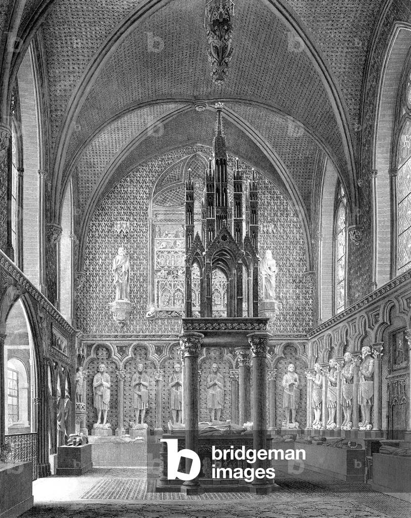 View of 14th century room built from Saint Chapel elements : sculptures of Pierre de Bourbon, Jean II Le Bon, Duguesclin, and CharlesV, engraving 1816 - architecture