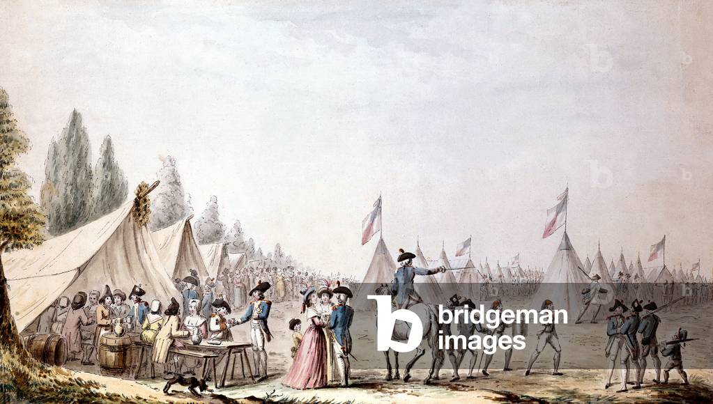Patriots campment in Paris 1790 at the time of French Revolution France, watercolor