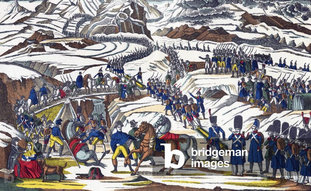 crossing of mount Saint Bernard by French army under the command of consul Napoleon Bonaparte from 14 to 20 may 1800, engraving, 19th century