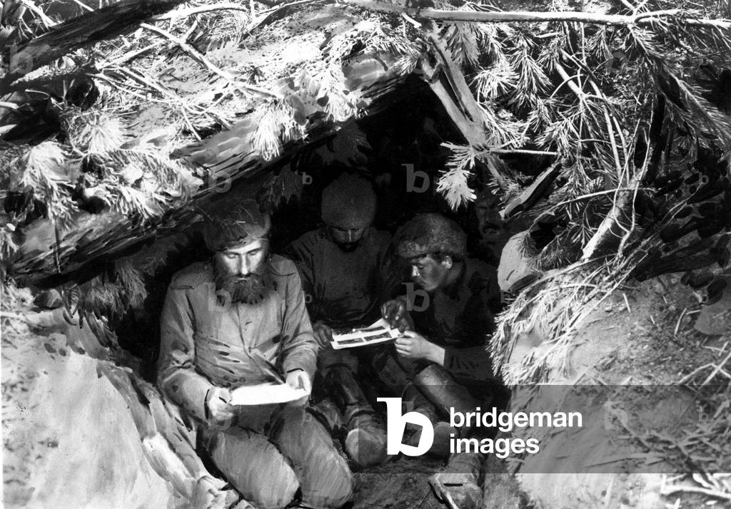 Russian soldiers having a rest in a shelter, 1st world war