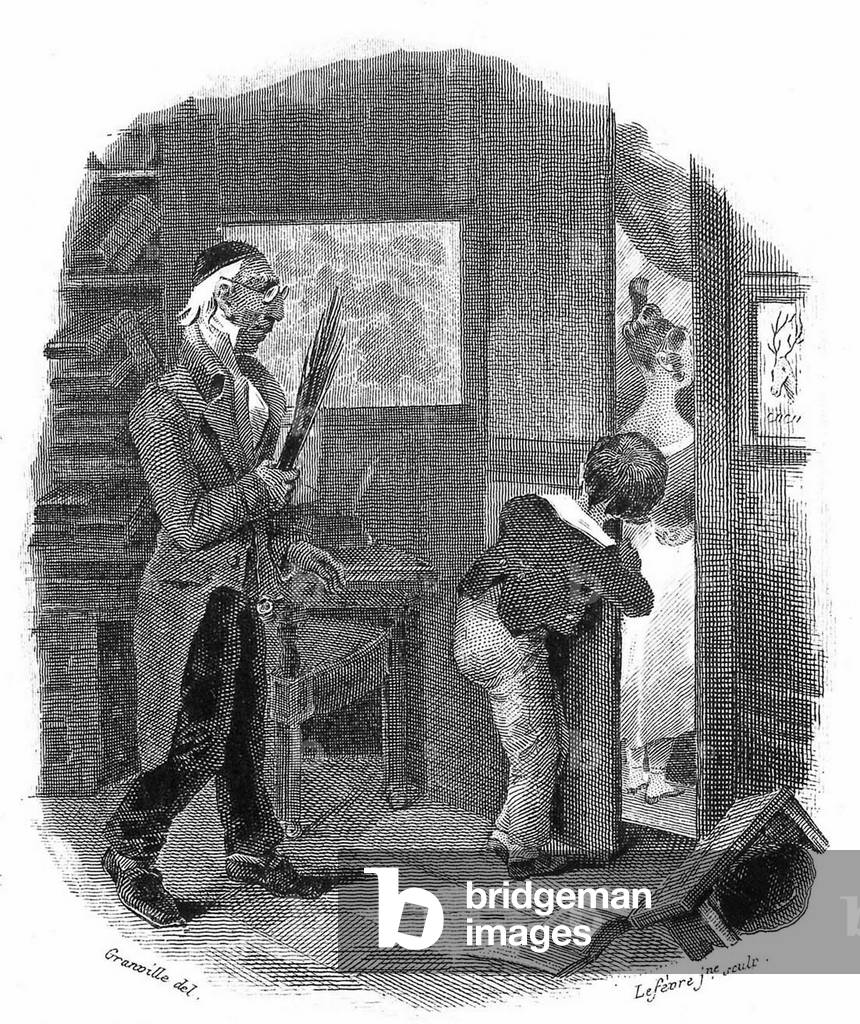 A private tutor is going to punish a boy spying a young woman c. 1840, engraving by Lefebvre after Granville