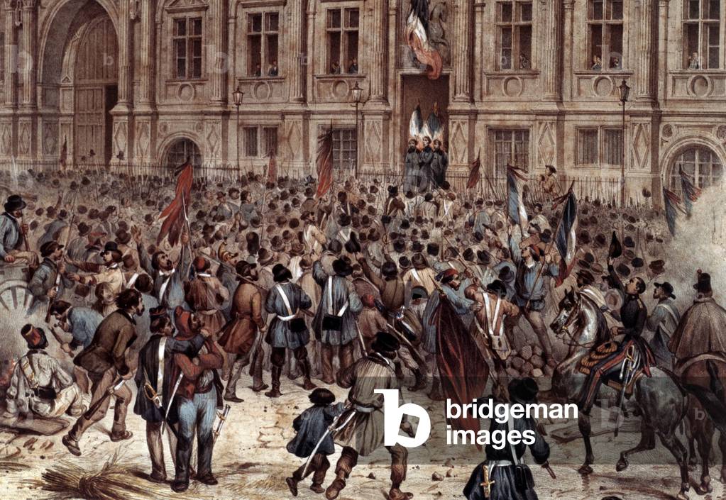 during the Paris Commune civil war : town hall square on march 27, 1871, engraving