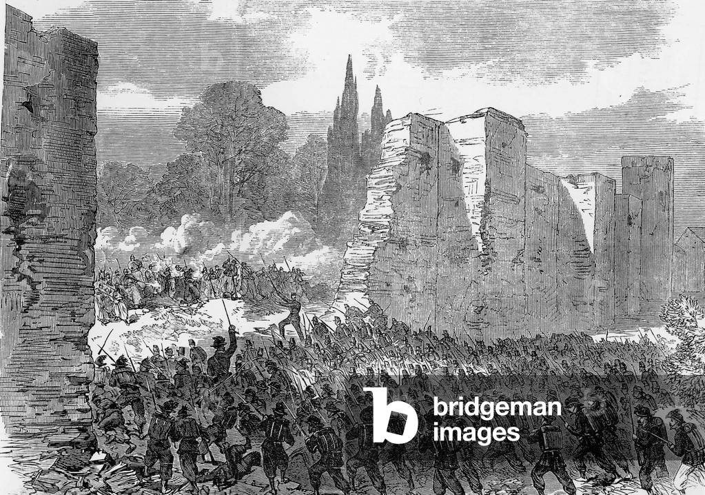 Italian troops of king Victor Emmanuel II entering Rome by a hole in the wall of villa Bonaparte 1870 Risorgimento
