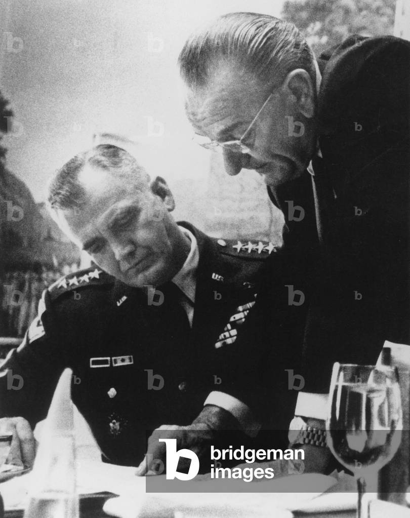 American president Lyndon B. Johnson and general William Westmoreland commander of american forces in Vietnam discussing preparations for possible peace talks with representatives of Hanoi at the White House april 6, 1968 at the time of war in Vietnam