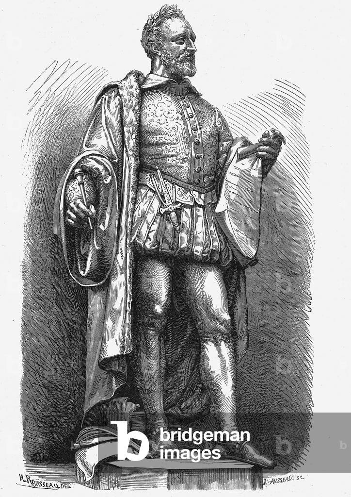 French poet Pierre de Ronsard (1524-1585), one of founders of the Pleiad group in 1549, engraving after a drawing by Rousseau after statue by Irvoy