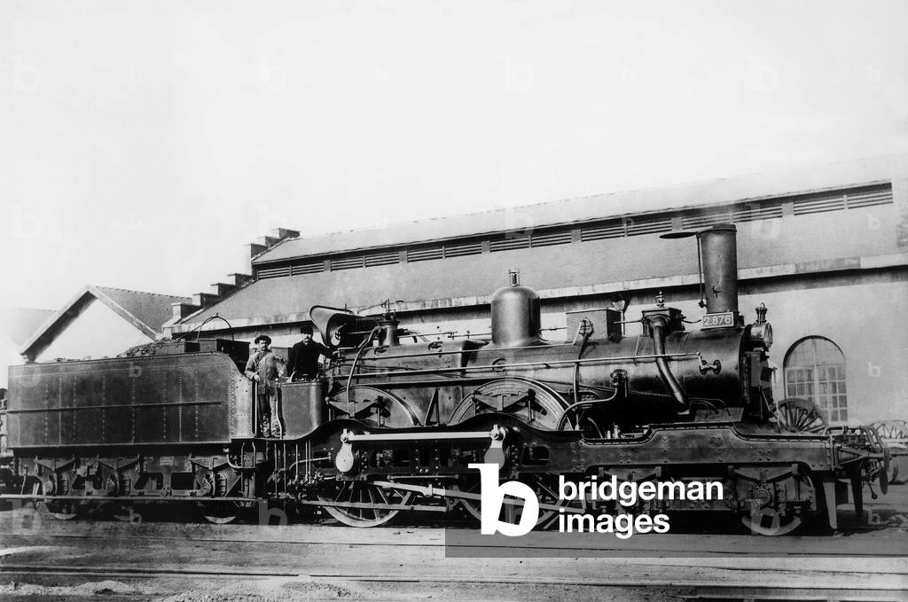 French steam locomotive engine railway railroad in north of France, c. 1900