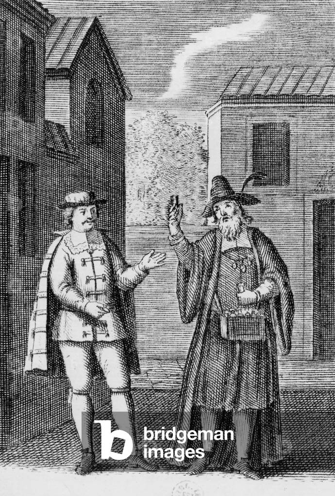 Play Love Doctor by Moliere : Sganarelle giving money to a man for medicine to treat his daughter, engraving, 17th century