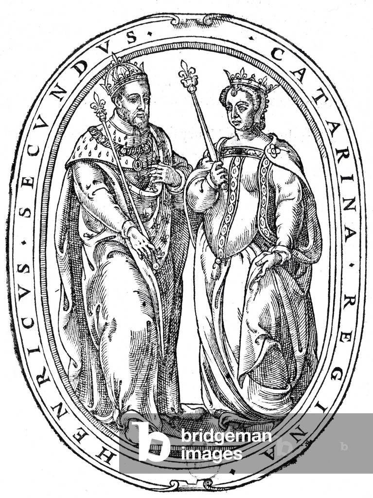 French king Henri II (1518-1559, king of France in 1547-1559) and his wife queen Catherine de Medicis (1519-1589) engraving