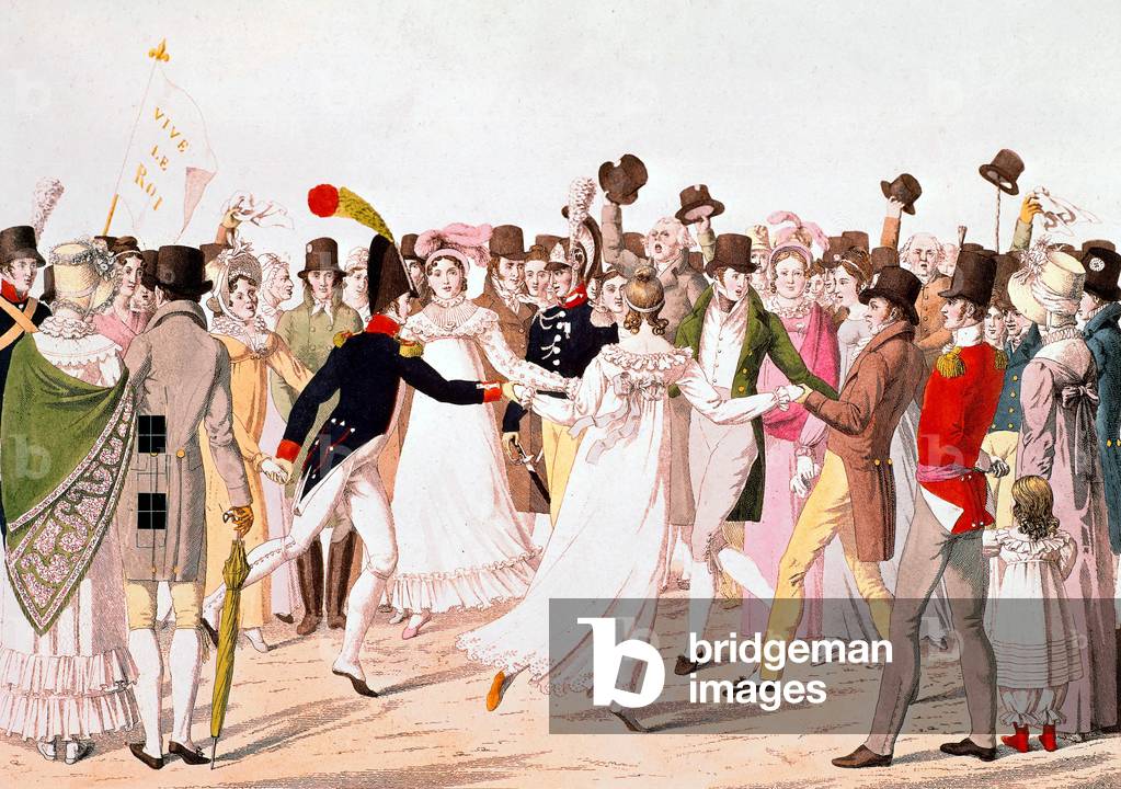 party in the Tuileries gardens in Paris july 1815, at the time of the 2nd Restoration of the Monarchy, engraving