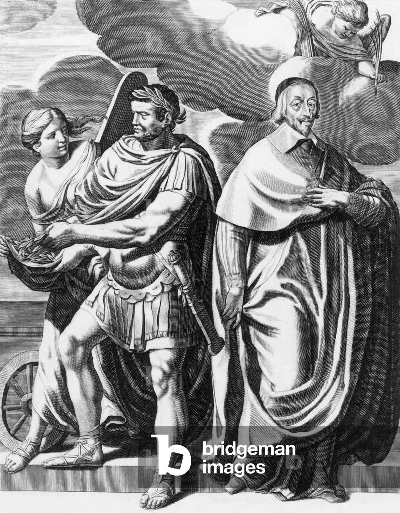Allegory about Day of Dupes november 10, 1630 (French king LouisXIII reiterated his trust in cardinal of Richelieu) : on l is Armand Jean du Plessis (1585-1642) and on r : Scipio, engraving by Picart