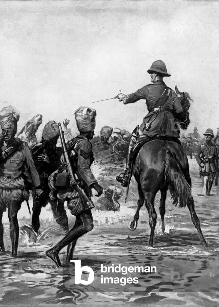 Indian soldiers wading through the marshes on the persian gulf to support english attack 1915 turban