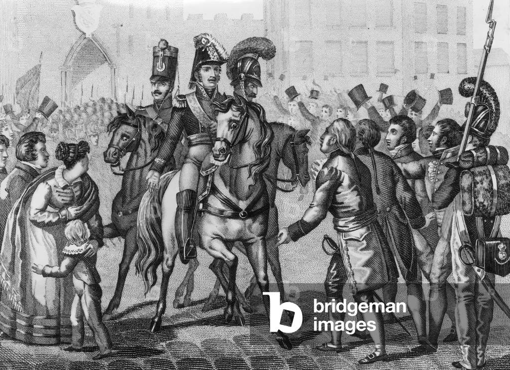 prince Eugene of Beauharnais (1781-1824 son of Josephine-de-Beauharnais and stepson of Napoleon1st) entering in Munich january 10, 1806 for his wedding with Augusta of Bavaria, engraving 19th century