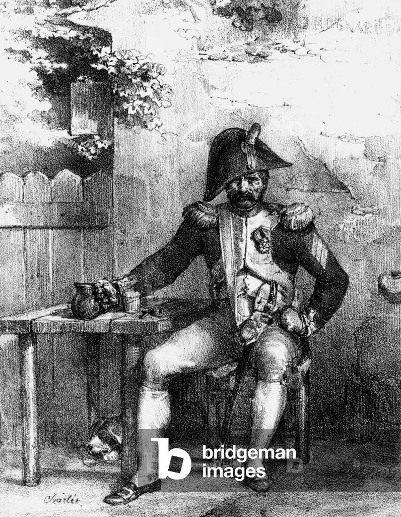 A grognard (NapoleonBonaparte's name for old veteran soldiers), engraving by De Villain