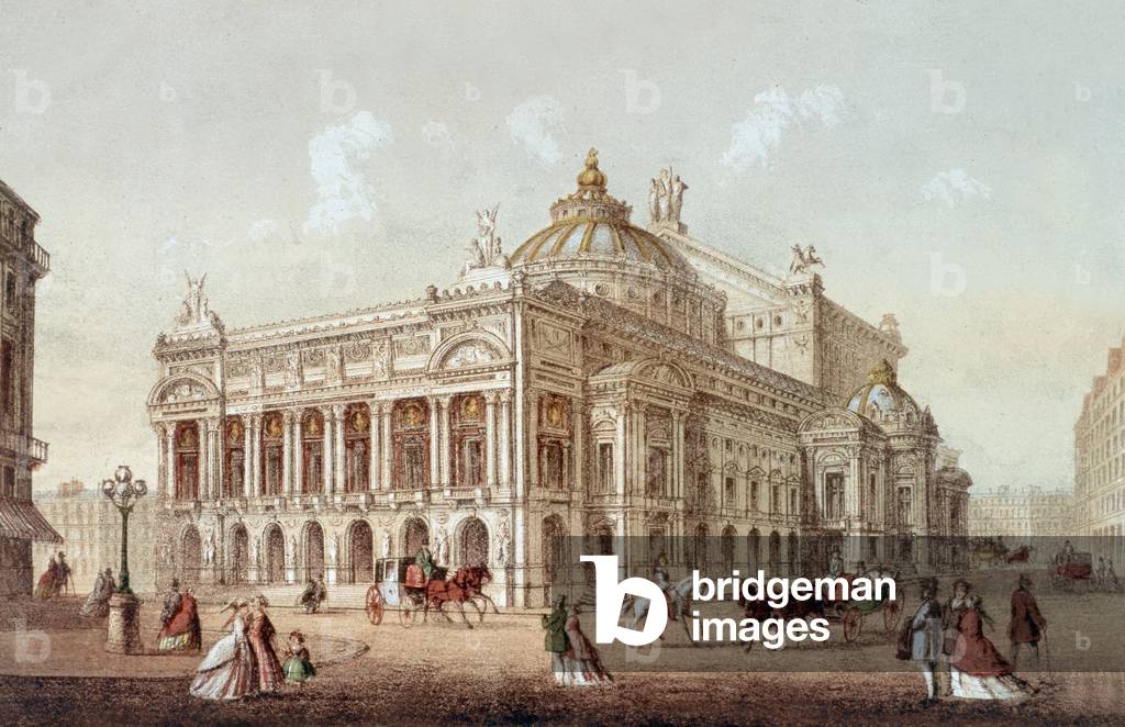 View of Paris oepra house built by Charles Garnier, opened in 1875, engraving, c. 1875