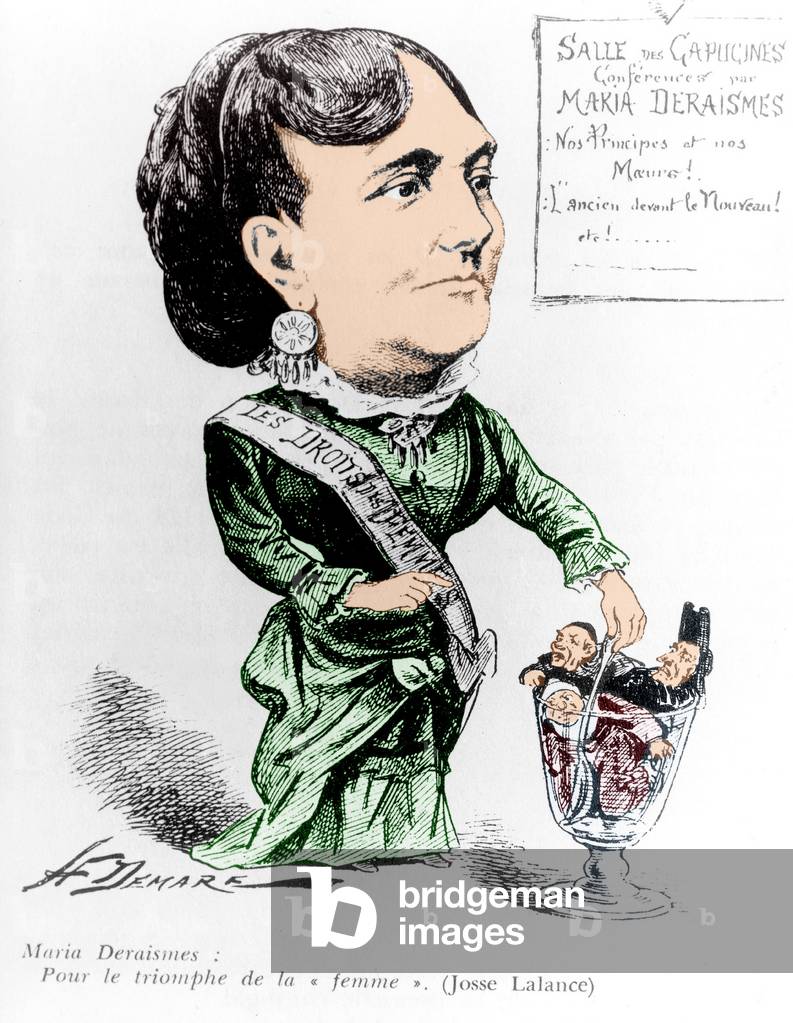 cartoon of Marie Deraismes (1828-1894) elected the first Grande Maitresse and President of the Supreme Council