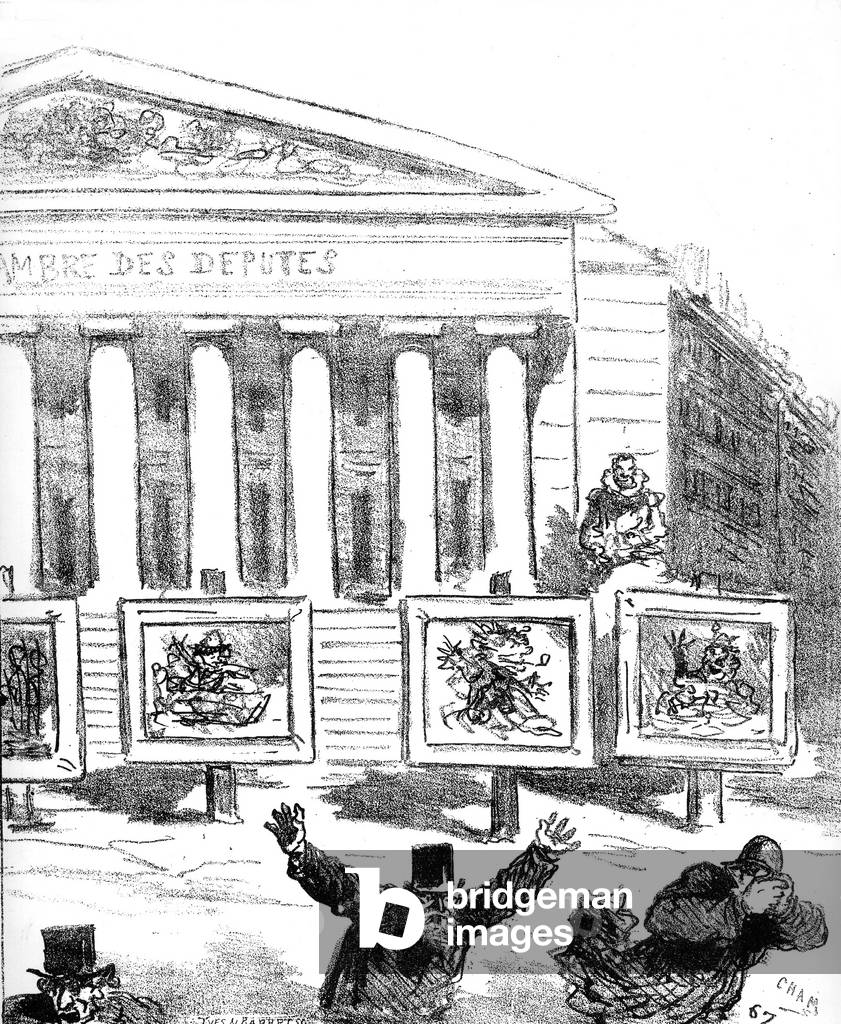 cartoon : how to frighten and move onlookers on from the chamber of deputies by surrounding it with impressionnist paintings, drawing by Cham in 1867