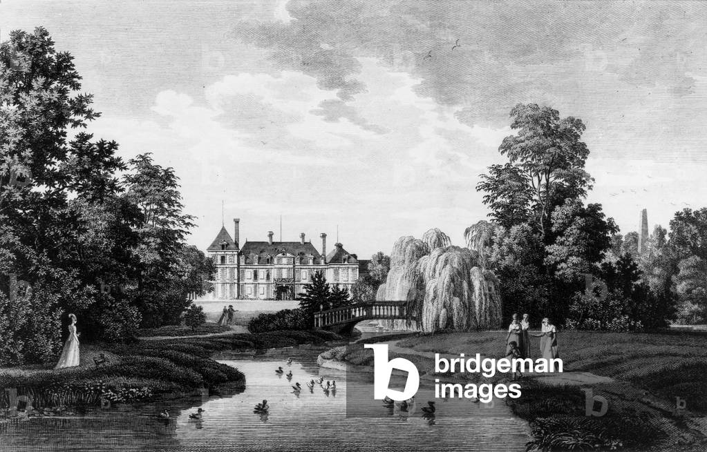 View of Morfontaine castle (France) from gardens, engraving, early 19th century