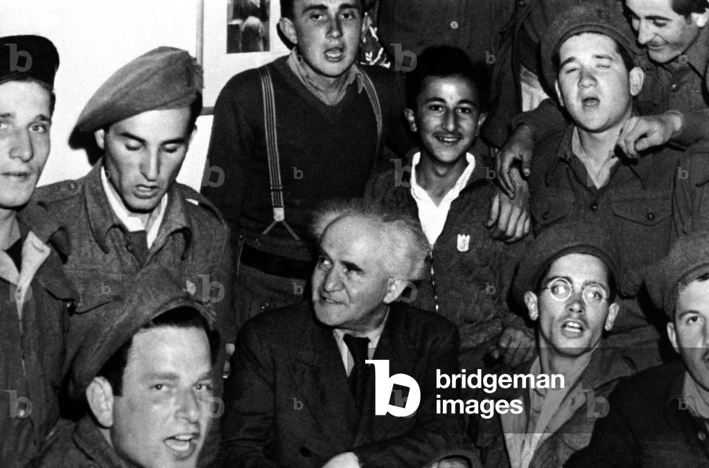 israeli prime minister David Ben-Gurion with soldiers of the Haganah april 30, 1948 (b/w photo)
