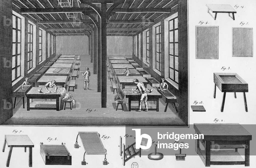 Cloth printing workshop in 1790, engraving