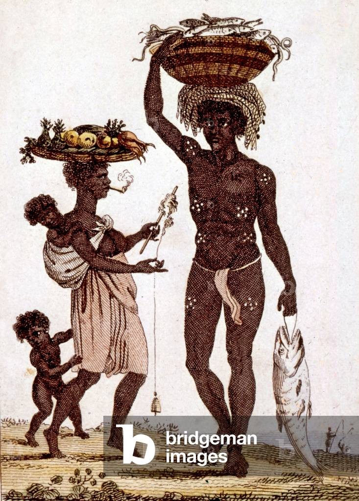 Daily life of an african couple in Africa : woman takes care of children, spins wool, smokes ; the man fishs, engraving, 19th century
