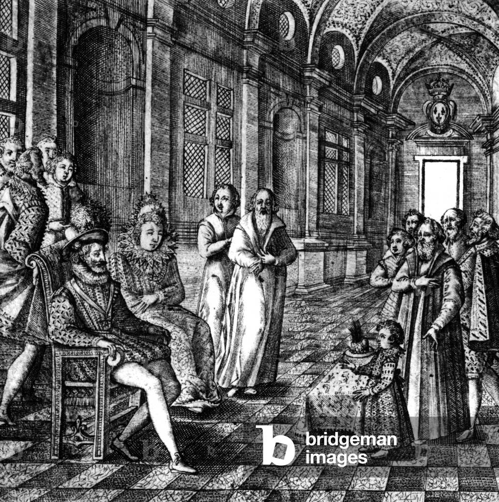 French king Henri IV and his wife Marie de Medicis listening their son future king Louis XIII, engraving, c. 1603