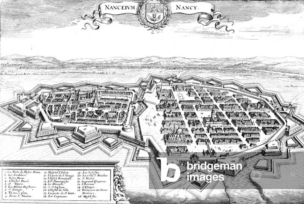 View of city Nancy in east of France , 18th century, engraving
