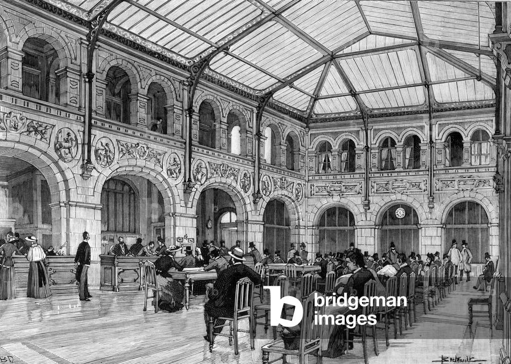 New savings bank in Paris, engraving, 1890