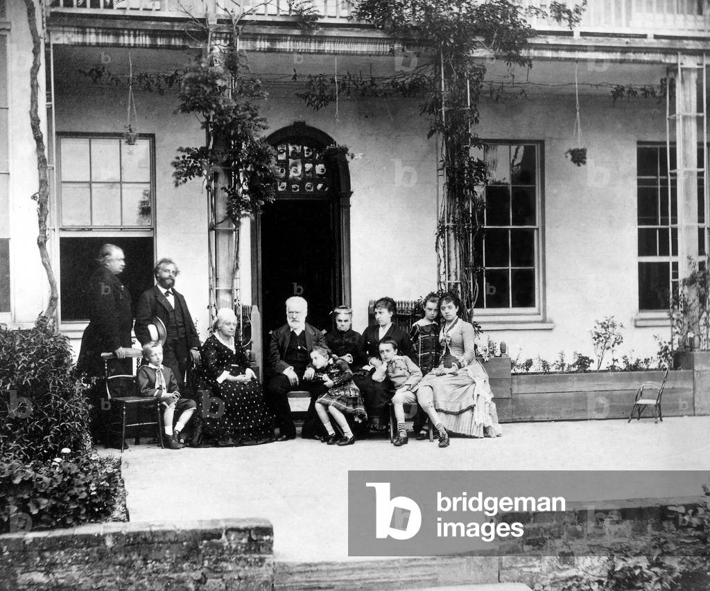 French writer Victor Hugo and family in Guernsey c. 1874. l-r: Paul Meurice, his son Francois Victor Hugo, his mistress Juliette Drouet, Victor Hugo and Jeanne Hugo, Mrs Charles Hugo and Georges Hugo