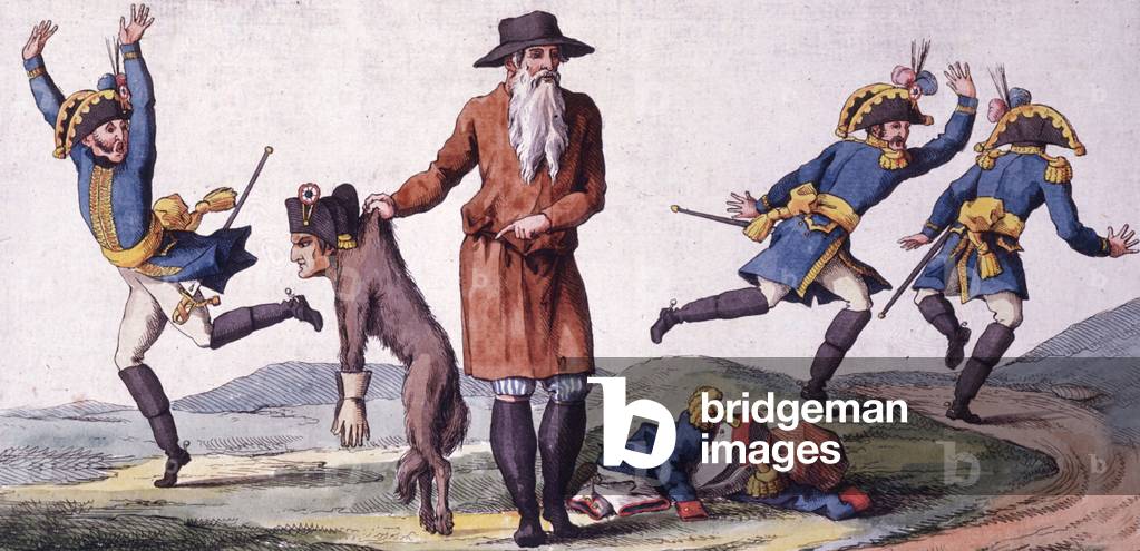 Cartoon about the retreat of the army of French emperor Napoleon 1st during the russian campaign, 1812