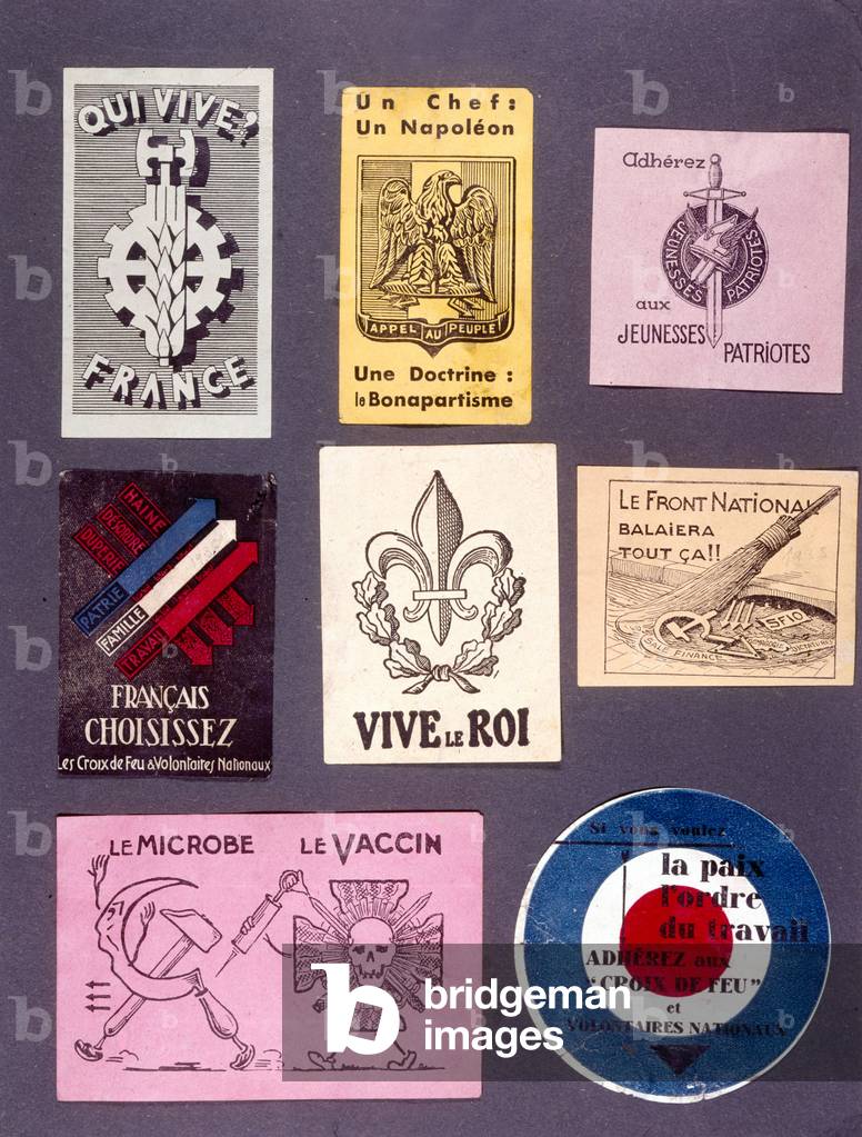 French royalist and extreme-right propaganda labels c. 1935