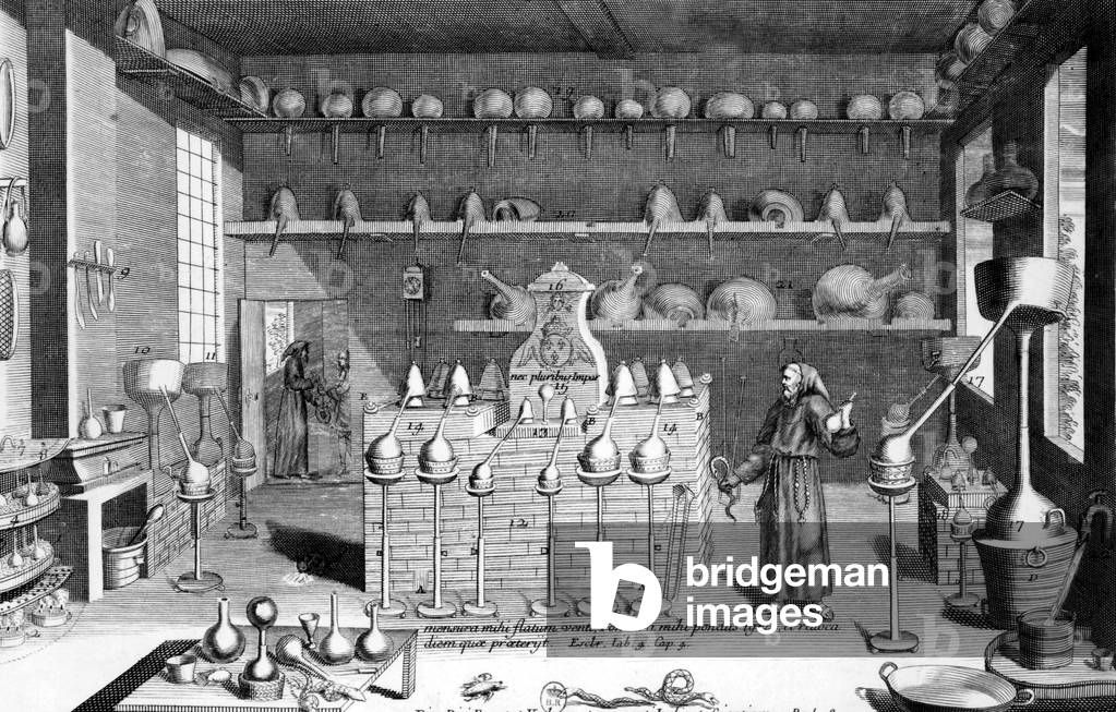 The laboratory of the Capuchin friars at the Louvre in Paris, engraving, 17th century